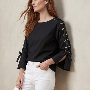 Neiman Marcus Lace Up Grommet Bell Sleeve Black Blouse S